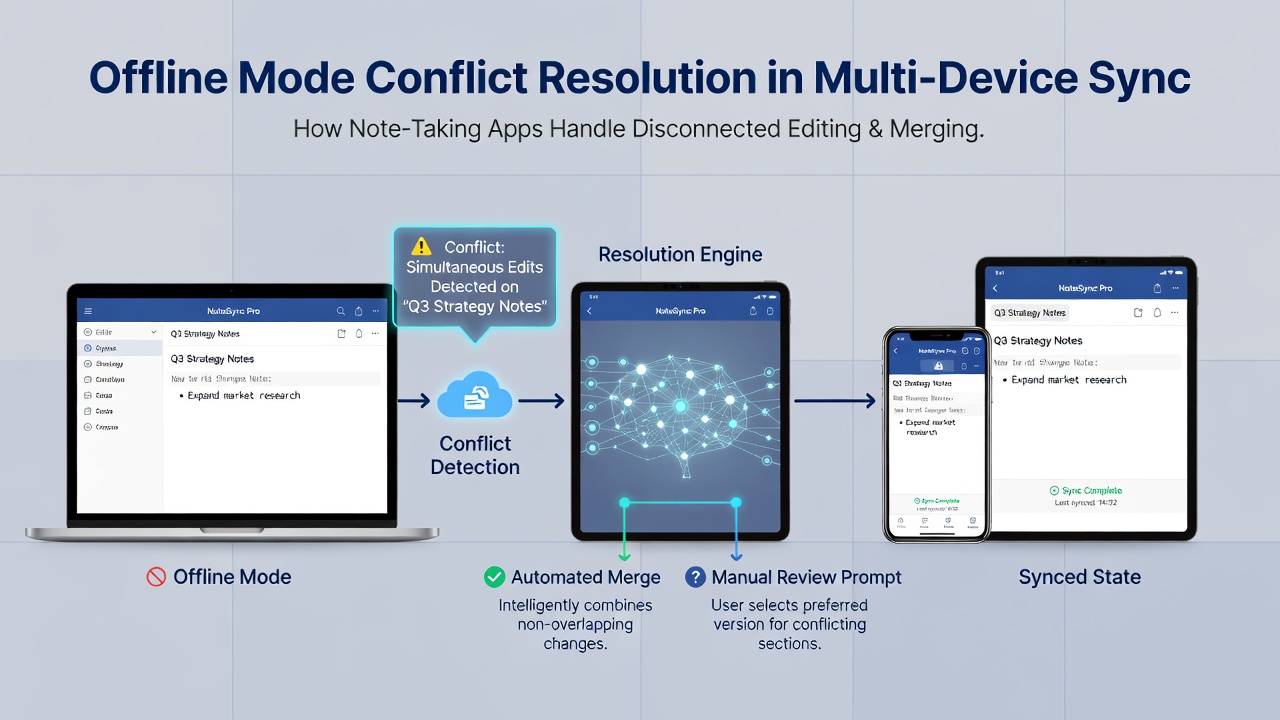 Screenshot of a note-taking app interface displaying a conflict resolution dialog with merged and separate version options