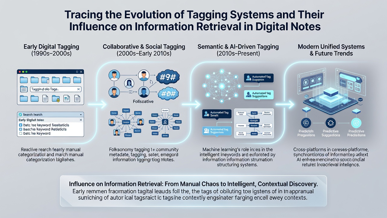 Contemporary digital notebook dashboard displaying interconnected tags and search results with visual graph overlays